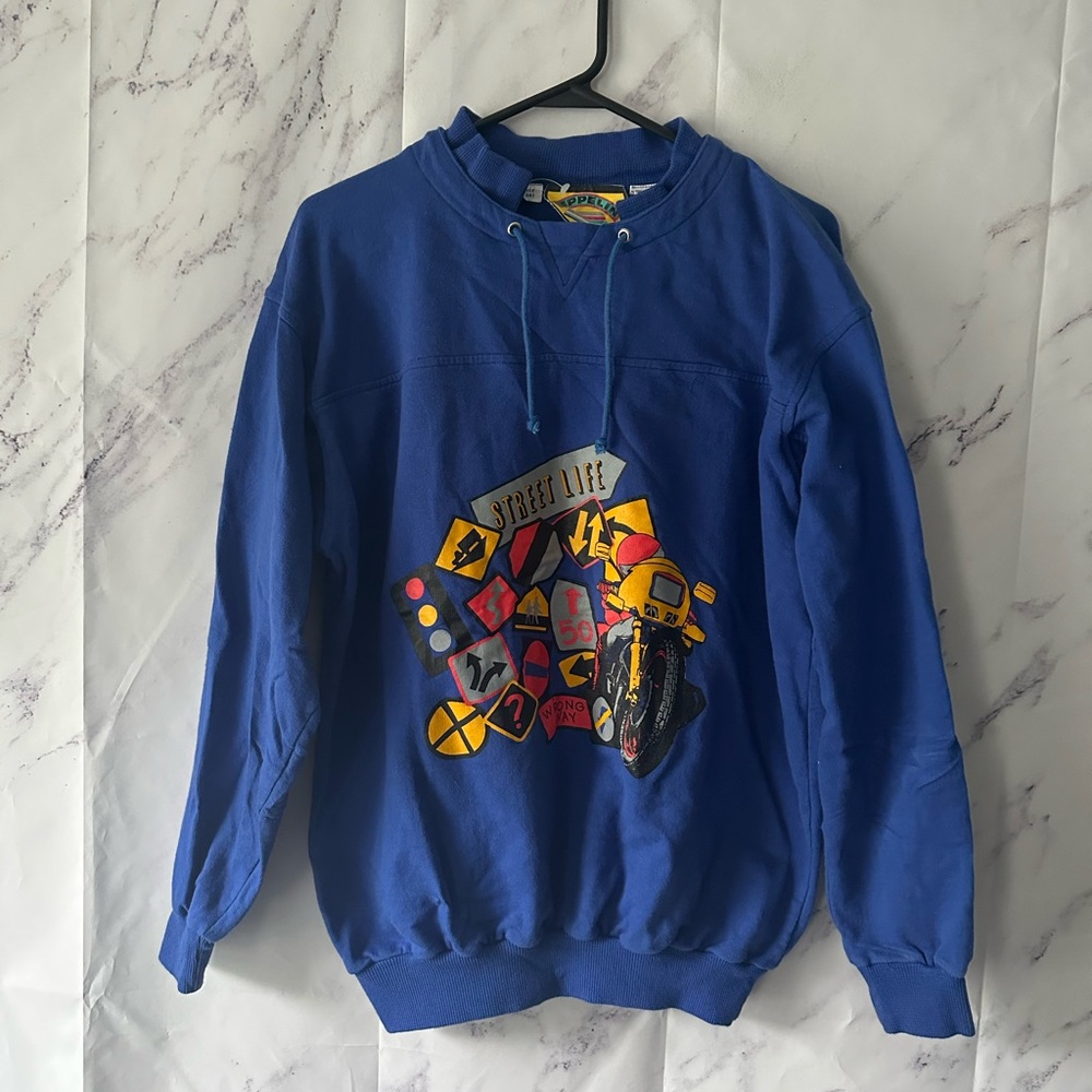 VINTAGE 80s ZEPPELIN- STREET LIFE MOTORCYCLE GRAPHIC SWEATSHIRT MEDIUM